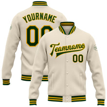 Load image into Gallery viewer, Custom Cream Green-Gold Bomber Full-Snap Varsity Letterman Jacket