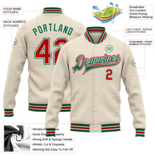 Load image into Gallery viewer, Custom Cream Red-Kelly Green Bomber Full-Snap Varsity Letterman Jacket