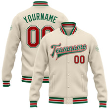 Load image into Gallery viewer, Custom Cream Red-Kelly Green Bomber Full-Snap Varsity Letterman Jacket