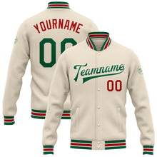 Load image into Gallery viewer, Custom Cream Kelly Green-Red Bomber Full-Snap Varsity Letterman Jacket