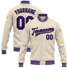 Load image into Gallery viewer, Custom Cream Purple-Black Bomber Full-Snap Varsity Letterman Jacket