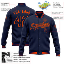 Load image into Gallery viewer, Custom Navy Orange Bomber Full-Snap Varsity Letterman Jacket