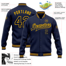 Load image into Gallery viewer, Custom Navy Gold Bomber Full-Snap Varsity Letterman Jacket
