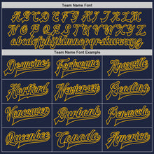 Load image into Gallery viewer, Custom Navy Gold Bomber Full-Snap Varsity Letterman Jacket