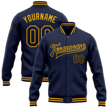 Load image into Gallery viewer, Custom Navy Gold Bomber Full-Snap Varsity Letterman Jacket