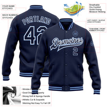 Load image into Gallery viewer, Custom Navy White-Light Blue Bomber Full-Snap Varsity Letterman Jacket