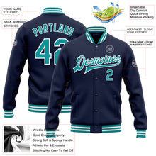 Load image into Gallery viewer, Custom Navy Teal-White Bomber Full-Snap Varsity Letterman Jacket