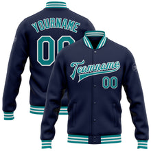 Load image into Gallery viewer, Custom Navy Teal-White Bomber Full-Snap Varsity Letterman Jacket