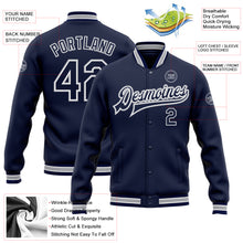Load image into Gallery viewer, Custom Navy White-Gray Bomber Full-Snap Varsity Letterman Jacket