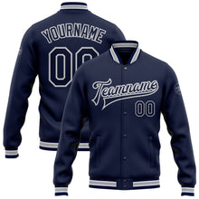 Load image into Gallery viewer, Custom Navy White-Gray Bomber Full-Snap Varsity Letterman Jacket