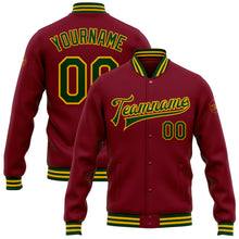 Load image into Gallery viewer, Custom Crimson Green-Gold Bomber Full-Snap Varsity Letterman Jacket