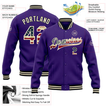 Load image into Gallery viewer, Custom Purple Vintage USA Flag Cream-Black Bomber Full-Snap Varsity Letterman Jacket