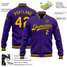Load image into Gallery viewer, Custom Purple Gold-Black Bomber Full-Snap Varsity Letterman Jacket