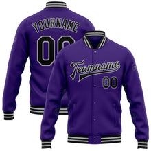 Load image into Gallery viewer, Custom Purple Black-Gray Bomber Full-Snap Varsity Letterman Jacket