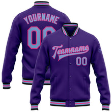 Load image into Gallery viewer, Custom Purple Light Blue Pink-Black Bomber Full-Snap Varsity Letterman Jacket