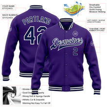Load image into Gallery viewer, Custom Purple Navy-White Bomber Full-Snap Varsity Letterman Jacket