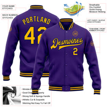 Load image into Gallery viewer, Custom Purple Gold-Navy Bomber Full-Snap Varsity Letterman Jacket
