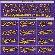 Load image into Gallery viewer, Custom Purple Gold-Navy Bomber Full-Snap Varsity Letterman Jacket