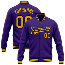 Load image into Gallery viewer, Custom Purple Gold-Navy Bomber Full-Snap Varsity Letterman Jacket