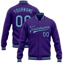 Load image into Gallery viewer, Custom Purple Light Blue-Navy Bomber Full-Snap Varsity Letterman Jacket