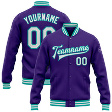 Load image into Gallery viewer, Custom Purple White-Aqua Bomber Full-Snap Varsity Letterman Jacket