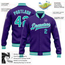 Load image into Gallery viewer, Custom Purple Aqua-White Bomber Full-Snap Varsity Letterman Jacket