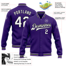 Load image into Gallery viewer, Custom Purple White-Black Bomber Full-Snap Varsity Letterman Jacket