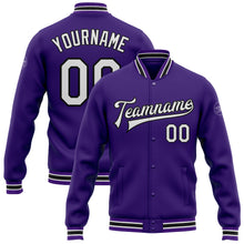 Load image into Gallery viewer, Custom Purple White-Black Bomber Full-Snap Varsity Letterman Jacket