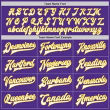 Load image into Gallery viewer, Custom Purple White-Gold Bomber Full-Snap Varsity Letterman Jacket