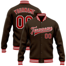 Load image into Gallery viewer, Custom Brown Red-White Bomber Full-Snap Varsity Letterman Jacket