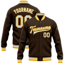 Load image into Gallery viewer, Custom Brown White-Gold Bomber Full-Snap Varsity Letterman Jacket