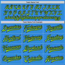 Load image into Gallery viewer, Custom Powder Blue Neon Green-Black Bomber Full-Snap Varsity Letterman Jacket