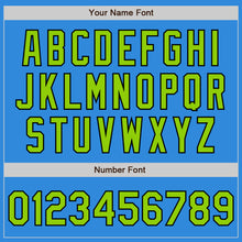 Load image into Gallery viewer, Custom Powder Blue Neon Green-Black Bomber Full-Snap Varsity Letterman Jacket