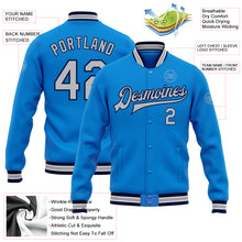 Load image into Gallery viewer, Custom Powder Blue Gray-Navy Bomber Full-Snap Varsity Letterman Jacket