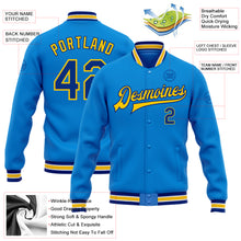 Load image into Gallery viewer, Custom Powder Blue Royal-Yellow Bomber Full-Snap Varsity Letterman Jacket