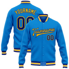 Load image into Gallery viewer, Custom Powder Blue Royal-Yellow Bomber Full-Snap Varsity Letterman Jacket