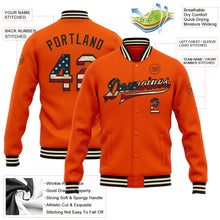 Load image into Gallery viewer, Custom Orange Vintage USA Flag Black-Cream Bomber Full-Snap Varsity Letterman Jacket