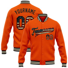 Load image into Gallery viewer, Custom Orange Vintage USA Flag Black-Cream Bomber Full-Snap Varsity Letterman Jacket