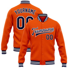 Load image into Gallery viewer, Custom Orange Navy-White Bomber Full-Snap Varsity Letterman Jacket