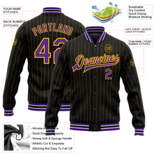 Load image into Gallery viewer, Custom Black Gold Pinstripe Purple-White Bomber Full-Snap Varsity Letterman Jacket