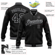Load image into Gallery viewer, Custom Black Gray Pinstripe Gray Bomber Full-Snap Varsity Letterman Jacket