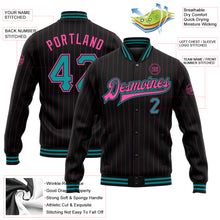 Load image into Gallery viewer, Custom Black Pink Pinstripe Teal Bomber Full-Snap Varsity Letterman Jacket