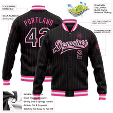 Load image into Gallery viewer, Custom Black Pink Pinstripe Black-White Bomber Full-Snap Varsity Letterman Jacket