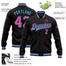 Load image into Gallery viewer, Custom Black Pink Pinstripe Sky Blue Bomber Full-Snap Varsity Letterman Jacket