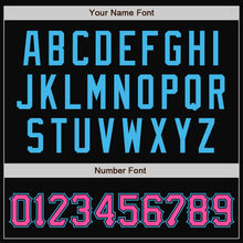 Load image into Gallery viewer, Custom Black Pink Pinstripe Sky Blue Bomber Full-Snap Varsity Letterman Jacket