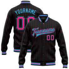 Load image into Gallery viewer, Custom Black Pink Pinstripe Sky Blue Bomber Full-Snap Varsity Letterman Jacket