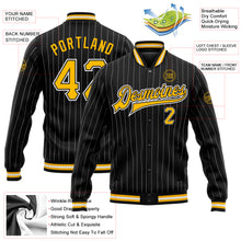 Load image into Gallery viewer, Custom Black White Pinstripe Gold Bomber Full-Snap Varsity Letterman Jacket