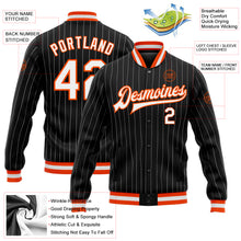 Load image into Gallery viewer, Custom Black White Pinstripe Orange Bomber Full-Snap Varsity Letterman Jacket