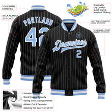 Load image into Gallery viewer, Custom Black White Pinstripe Light Blue Bomber Full-Snap Varsity Letterman Jacket