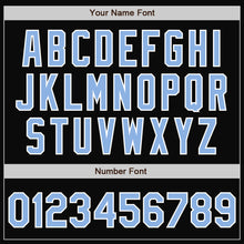 Load image into Gallery viewer, Custom Black White Pinstripe Light Blue Bomber Full-Snap Varsity Letterman Jacket